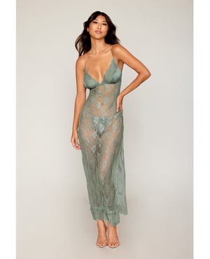 Eyelash Lace & Satin Long Chemise w/G-String – Sage Green XL by Dreamgirl product image