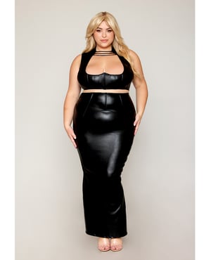 Stretch Faux Leather Harness Bra & Long Slip Skirt – Black 1X by Dreamgirl product image