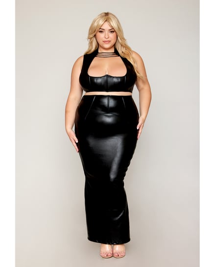 Stretch Faux Leather Harness Bra & Long Slip Skirt – Black 1X by Dreamgirl product image