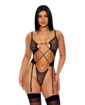 Pull My Strings Sheer Mesh Teddy w/Garters & Faux Pearl Details – Black LG by Forplay product image