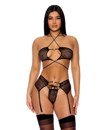 Pull My Strings Mesh Halterneck Bra w/Garter & Panty – Black MD by Forplay product image