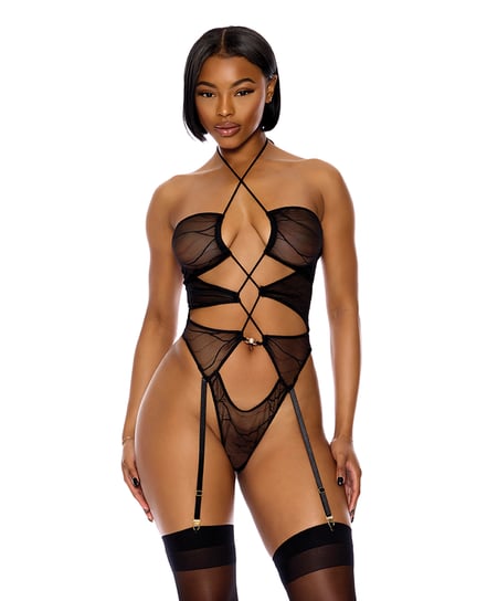 Pull My Strings Sheer Mesh Halterneck Teddy – Black MD by Forplay product image