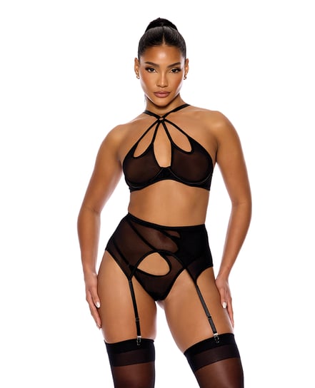 Feeling Butterflies Mesh Halterneck Bra w/Garter & Panty – Black MD by Forplay product image