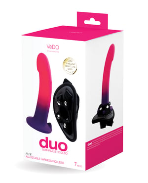 VeDO Duo Silcone Dildo w/Harness – Pink/Purple by VeDO product image