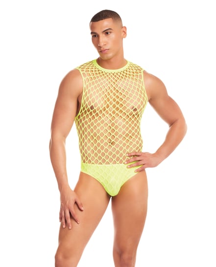 Rainbow Party Full Effect Large Mesh Unitard 2 pc Set w/Thong – Yellow L/XL by Rene Rofe and Pink Lipstick product image