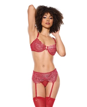 Metallic Stretch Lace Underwire Bra w/Crotchless Garter Panty – Red LG by Coquette product image