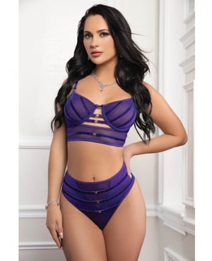 Mesh Underwire Bra 2 pc Set with Velour Accents – Purple O/S by G World product image