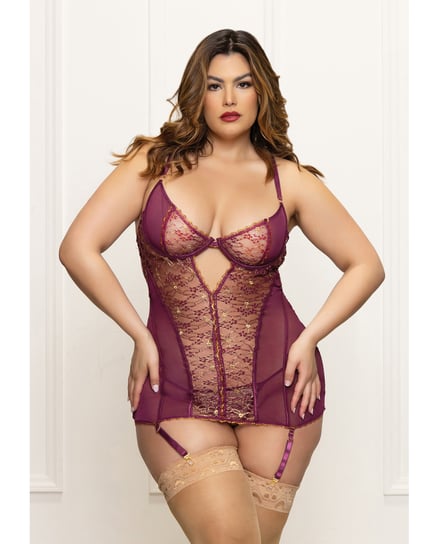 Metallic Lace with Mesh Gartered Chemise & Thong – Plum 1X/2X by Seven 'til Midnight product image