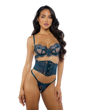 Eden Scalloped Eyelash Lace & Wet Look Waspie 3 pc Set – Teal LG by Roma Confidential product image