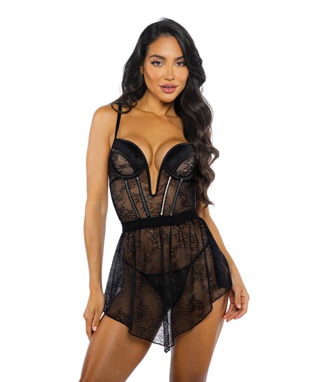 Belle Noir Chantilly Lace and Satin Garter Skirt 3 pc Set – Black XL by Roma Confidential product image