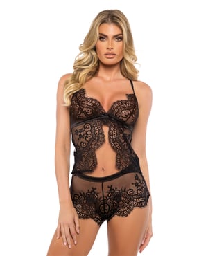 Dreamer’s Lust Scalloped Eyelash Lace and Satin 2 pc Camisole Set – Black XL by Roma Confidential product image