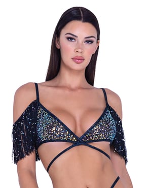 Sequin Fishnet Fringe Top – Black/Multi LG by Roma Confidential product image