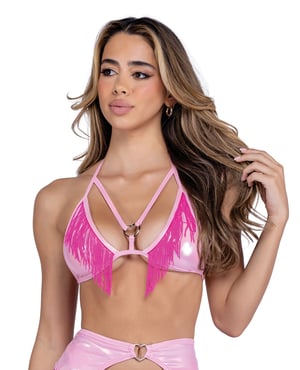Metallic Iridescent Triangle Top w/Fringe – Pink O/S by Roma Confidential product image