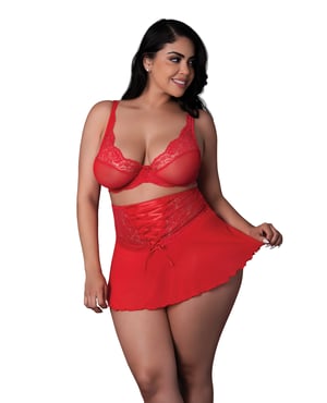 Sugar High Bralette w/Cincher Skirt & Thong 3 pc Set – Red QN by Exposed product image
