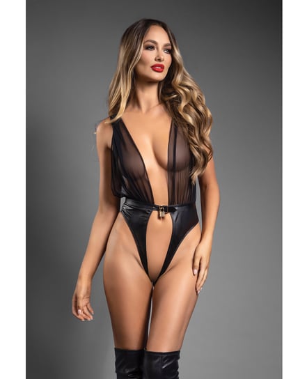 Domina Plunge Front Sheer Mesh & Vegan Leather Teddy w/Lock & Key – Black L/XL by Domina by Fantasy product image