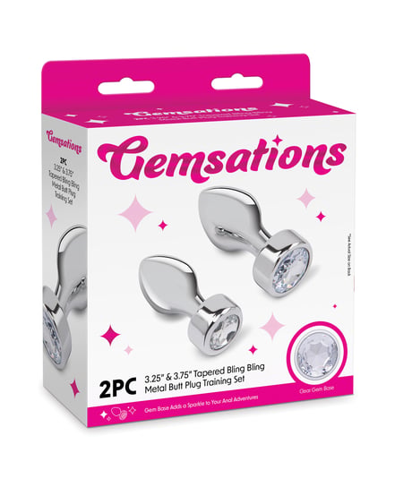 Gemsations 2 pc 3.25″ & 3.7″ Tapered Bling Bling Metal Butt Plug Training Set – Silver by Gemsations product image