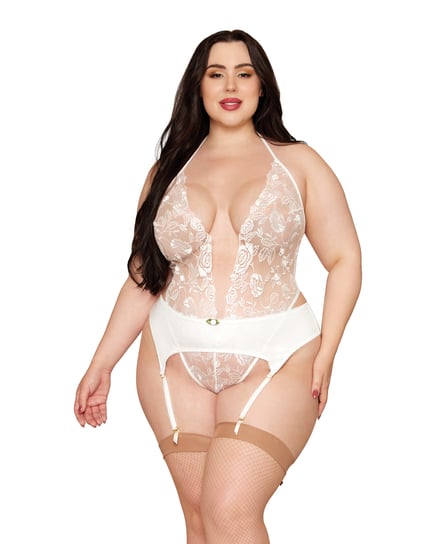 Rose Embroidered Lace Teddy w/Removable Satin Garter 2 pc Set – White 1X by Dreamgirl product image