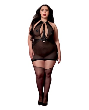 Stretch Mesh and Faux Leather Gartered Chemise w/Removable Flogger – Black QN by Red Diamond product image