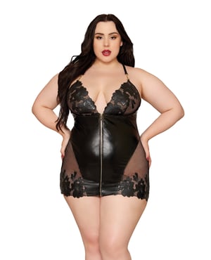 Embroidered Stretch Faux Leather and Mesh Chemise – Black 1X by Dreamgirl product image