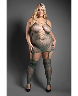 Sheer Wild Heart Reptile Print Bodystocking Dress w/Attached Stockings – Green QN by Sheer by Fantasy product image