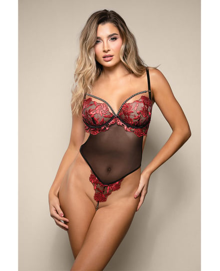 Opulence Embroidered Underwire Open Crotch Teddy w/Pearl Detail – Red L/XL by Opulence by Fantasy product image