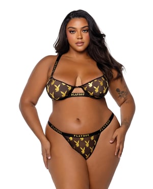 Playboy Gold Foil Mesh & Satin Bralette w/Thong 2 pc Set – Black/Gold 2X by Playboy by Roma product image