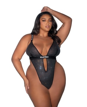 Playboy Disco Fever Rhinestone & Spandex Teddy – Black 1X by Playboy by Roma product image