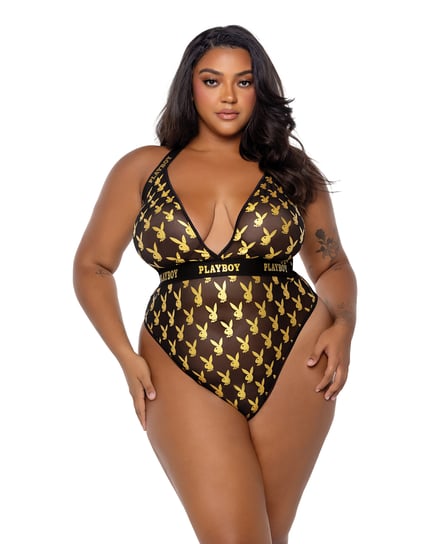 Playboy Bunny Gold Foil Halter Teddy – Black/Gold 2X by Playboy by Roma product image