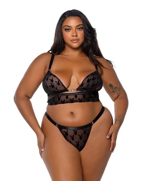 Playboy Bunny Charm Mesh Bralette w/Thong 2 pc Set – Black 1X by Playboy by Roma product image
