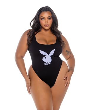 Playboy Scoop Neck Teddy w/Thong Back & Bunny Logo – Black/Lavender 1X by Playboy by Roma product image