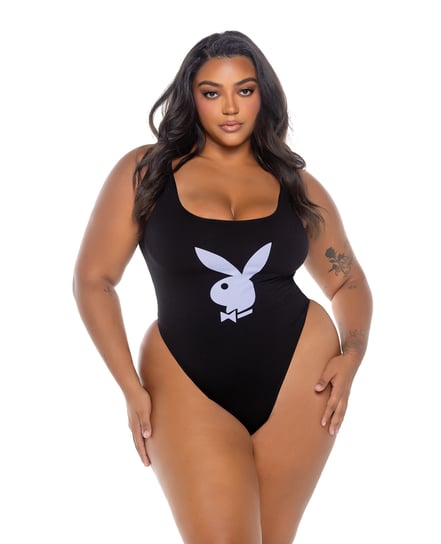 Playboy Scoop Neck Teddy w/Thong Back & Bunny Logo – Black/Lavender 1X by Playboy by Roma product image