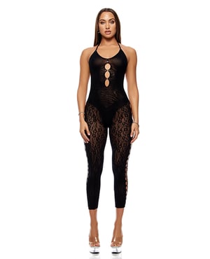Cross Your Mind Capri Floral Knit Bodystocking w/Rhinestone Details – Black O/S by Forplay product image