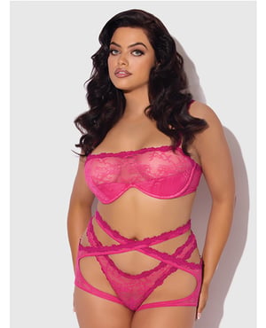 Yvone Lace Bra w/Removable Straps, Garter & Tanga Panty 3 pc Set – Pink 3X/4X by House of Desire product image
