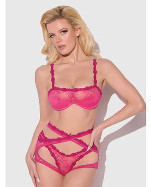 Yvone Lace Bra w/Removable Straps, Garter & Tanga Panty 3 pc Set – Pink XL by House of Desire product image