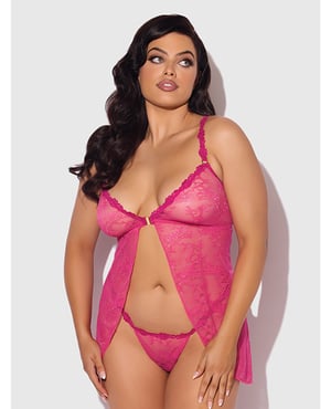 Yvone Lace Babydoll w/Front Closure & G-String 2 pc Set – Pink 1X/2X by House of Desire product image