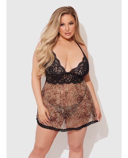 Felicia Mesh and Lace Babydoll w/G-String 2 pc Set – Leopard 1X/2X by House of Desire product image
