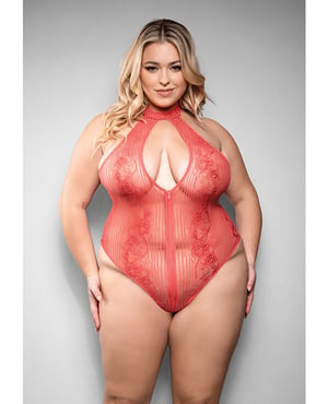 Temptress Calliope Striped Sheer Floral Lace Zippered Teddy – Coral 1X/2X by Temptress by Fantasy product image