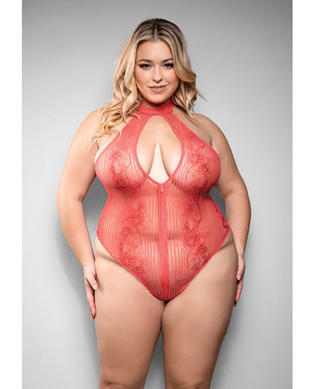 Temptress Calliope Striped Sheer Floral Lace Zippered Teddy – Coral 1X/2X by Temptress by Fantasy product image