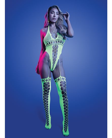 Paradigm UV Reactive Halter Teddy Bodystocking – Neon Green O/S by Glow by Fantasy Lingerie product image