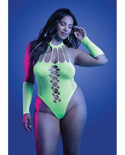 Pressure Point UV Reactive Rhinestone Studded Teddy & Gloves/Leg Warmers 2 pc Set – Neon Green QN by Glow by Fantasy Lingerie product image