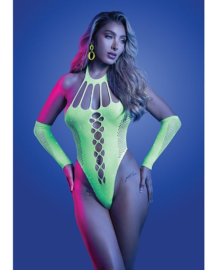 Pressure Point UV Reactive Rhinestone Studded Teddy & Gloves/Leg Warmers 2 pc Set – Neon Green O/S by Glow by Fantasy Lingerie product image