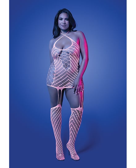Metamorphic Glow-in-the-Dark Bodystocking Dress; Glows Pink – White QN by Glow by Fantasy Lingerie product image
