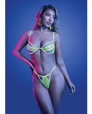 Mind Control UV Reactive Lace and Mesh Underwire Bra & Thong – Neon Green S/M by Glow by Fantasy Lingerie product image