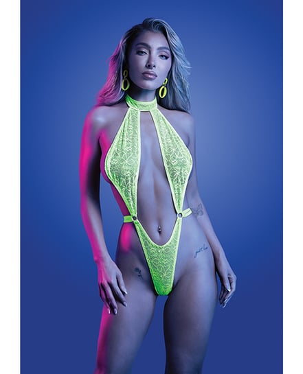Mind Control UV Reactive Lace Halter Teddy – Neon Green L/XL by Glow by Fantasy Lingerie product image