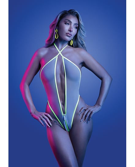 Supernatural Glow-in-the-Dark Trim Zipper Teddy – White S/M by Glow by Fantasy Lingerie product image