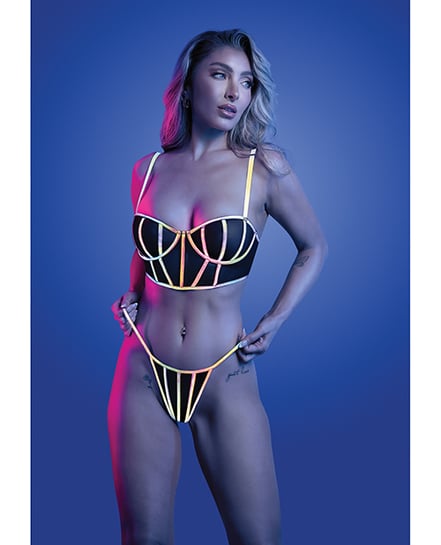 Solar Flare Flash Reflective Binding Underwire Bra & Thong – Black L/XL by Glow by Fantasy Lingerie product image