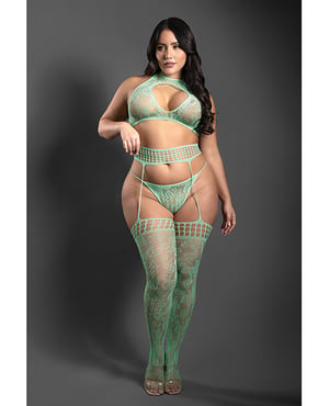 Sheer Heart Of Glass Lace Knit Halter Top w/G-String & Gartered Stockings 3 pc Set – Mint QN by Sheer by Fantasy product image