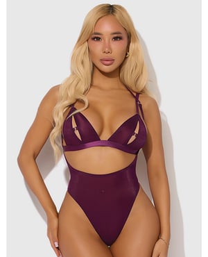 Yasmine Shimmer Mesh Slit Cup, Backless Teddy & Bralette Set – Burgundy SM by House of Desire product image