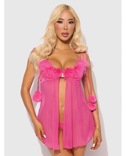 Marilyn Marabou & Mesh Babydoll & G-String Set – Pink 3X/4X by House of Desire product image