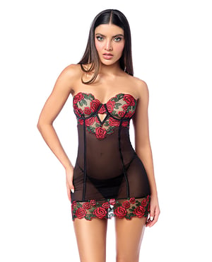 Untamed Floral Embroidered Underwire Babydoll w/Back Lace Up Detail & G-String – Black/Red SM by Mapale product image